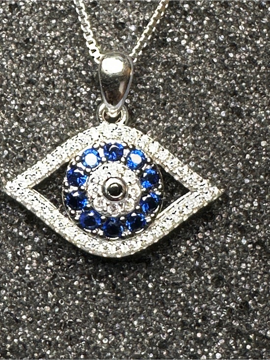 Jewelry - Silver Sterling Evil Eye Pendant Necklace with Blue Crystal Accents
